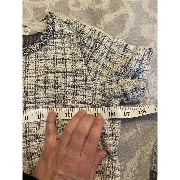 Loft black/white/blue Tweed Plaid Fringe Shift Dress Size 2 - Picture 8 of 8